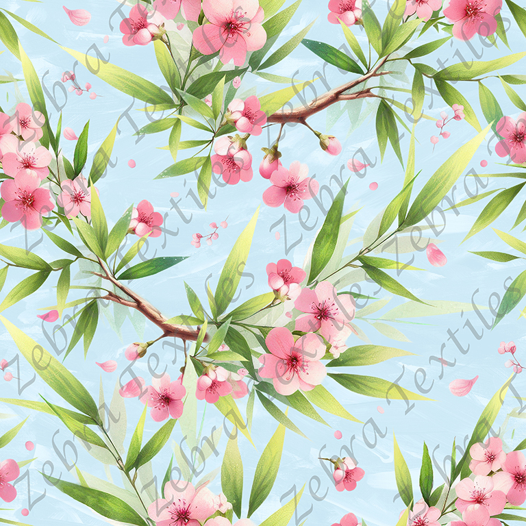 Floral rose et feuillage de bambou fond bleu