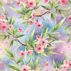 Floral rose et feuillage de bambou fond nuageux