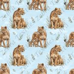Lionne et bébé fond bleu