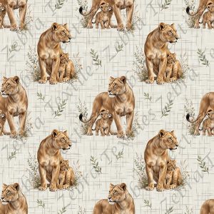 Lionne et bébé fond lin