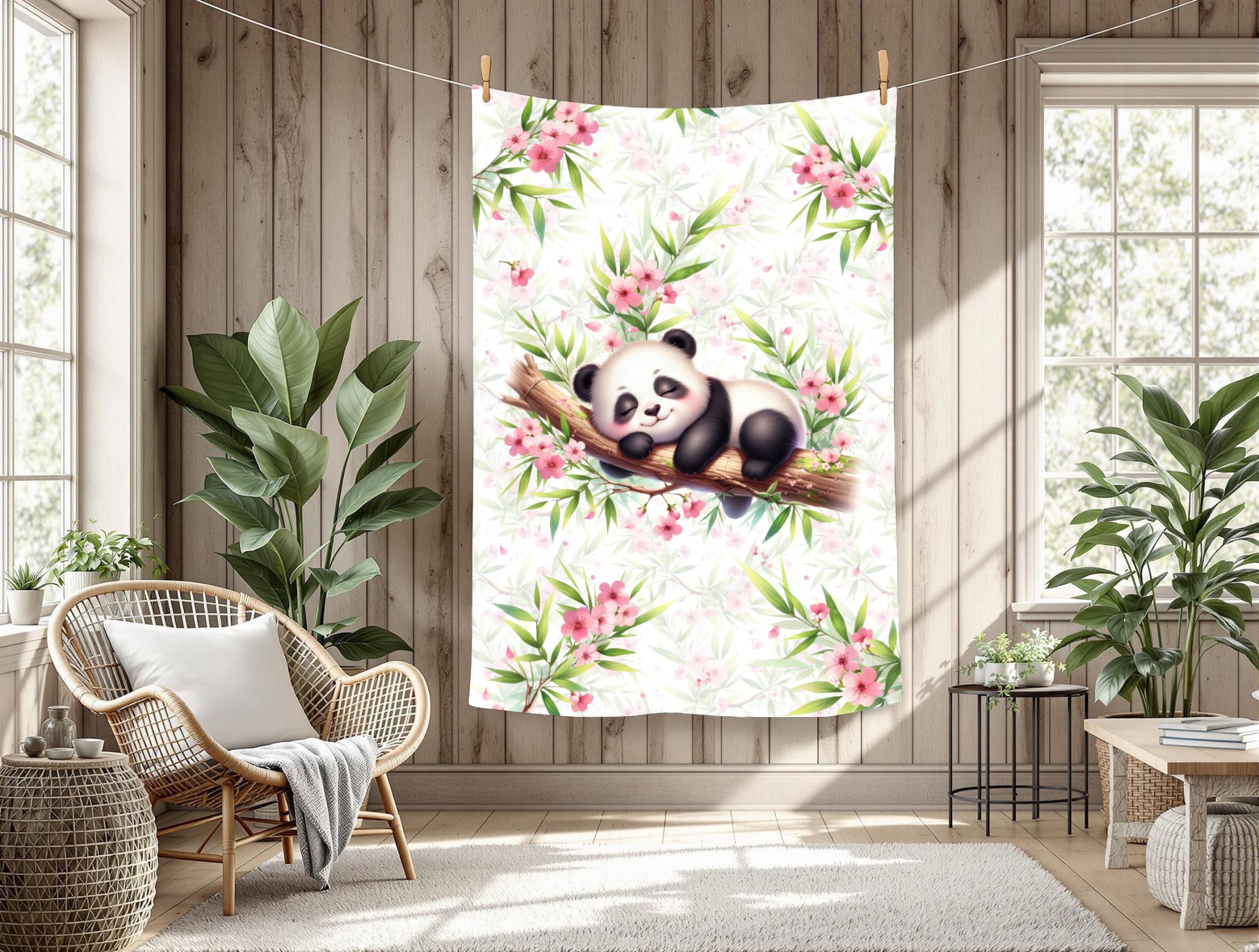 Panda dodo floral rose fond feuillage