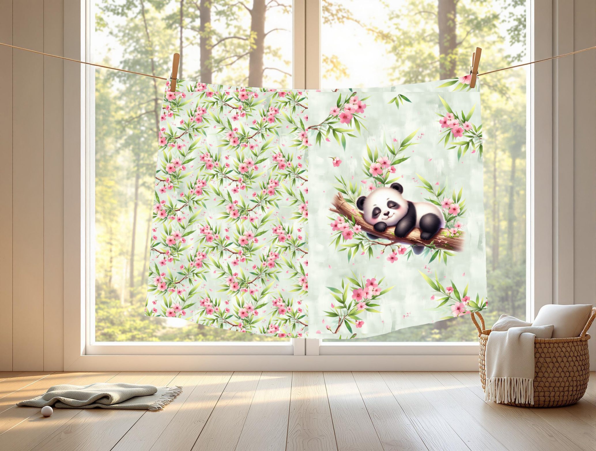 Panda dodo floral rose fond vert