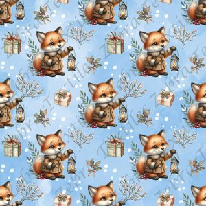 Renard cadeau et feuillage fond bleu