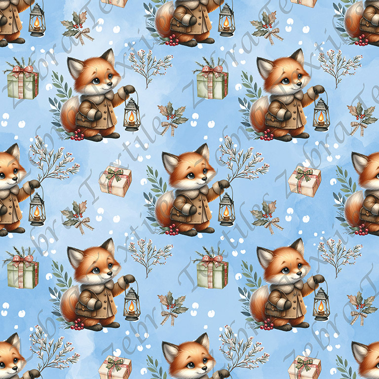 Renard cadeau et feuillage fond bleu