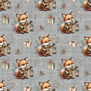 Renard cadeau et feuillage fond gris