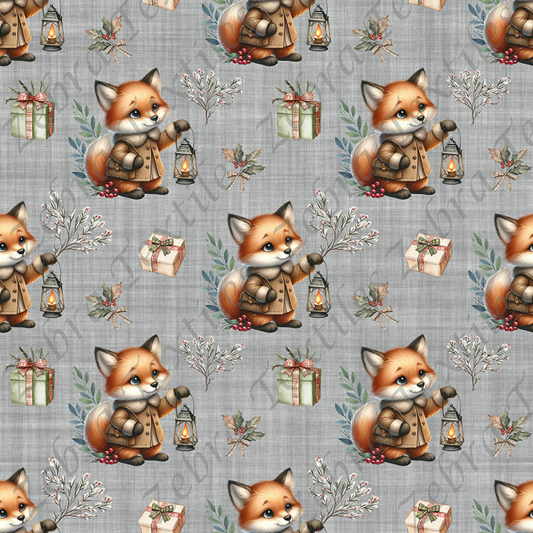 Renard cadeau et feuillage fond gris