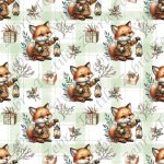 Renard cadeau et feuillage fond plaid