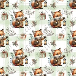Renard cadeau et feuillage fond plaid