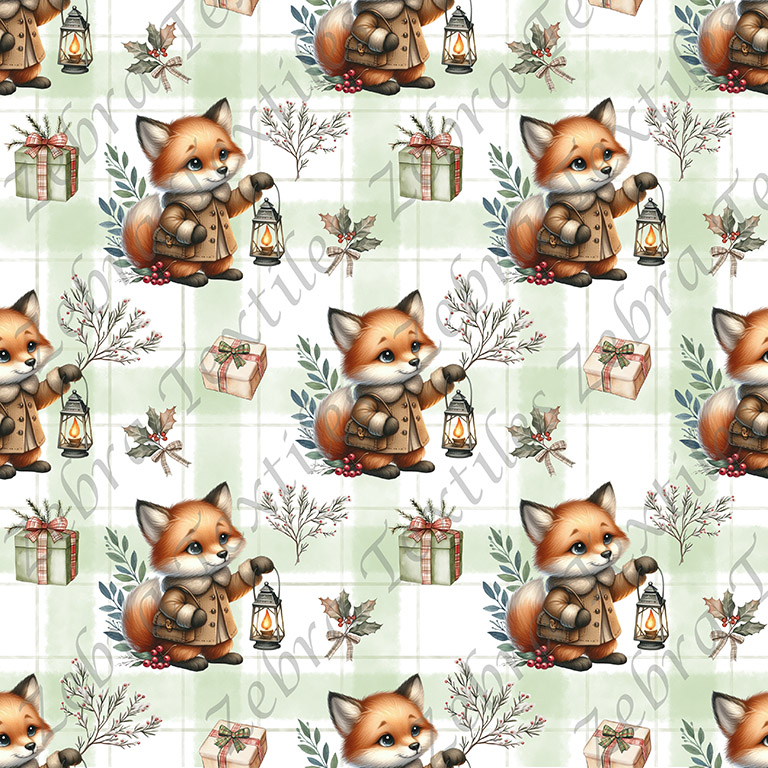 Renard cadeau et feuillage fond plaid
