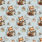 Renard cadeau et feuillage fond sarcelle