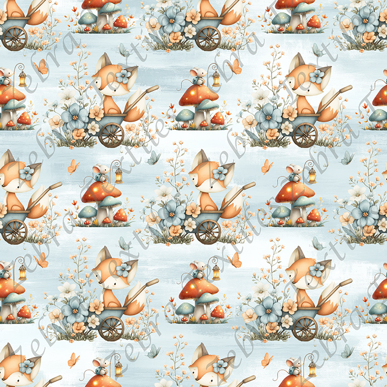 Renard et souris floral bleu fond bleu