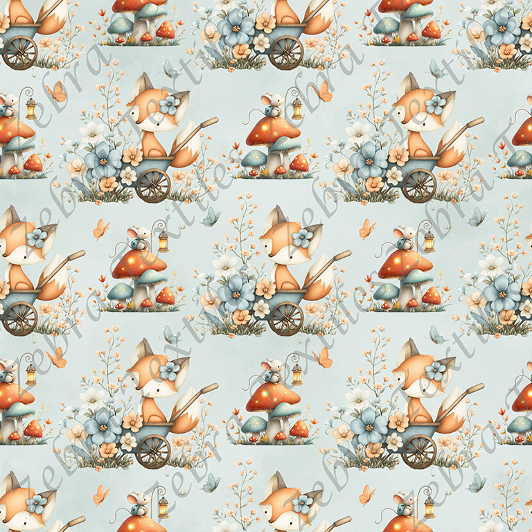 Renard et souris floral bleu fond menthe