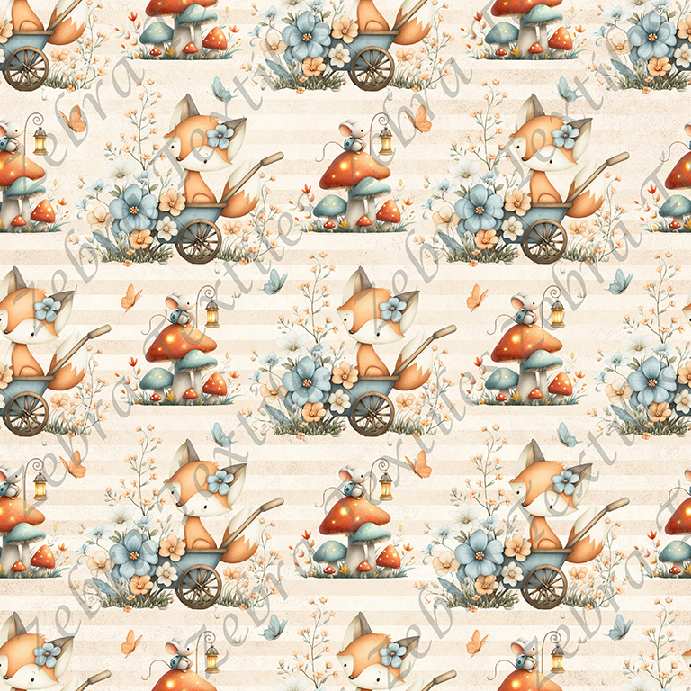 Renard et souris floral bleu fond rayé