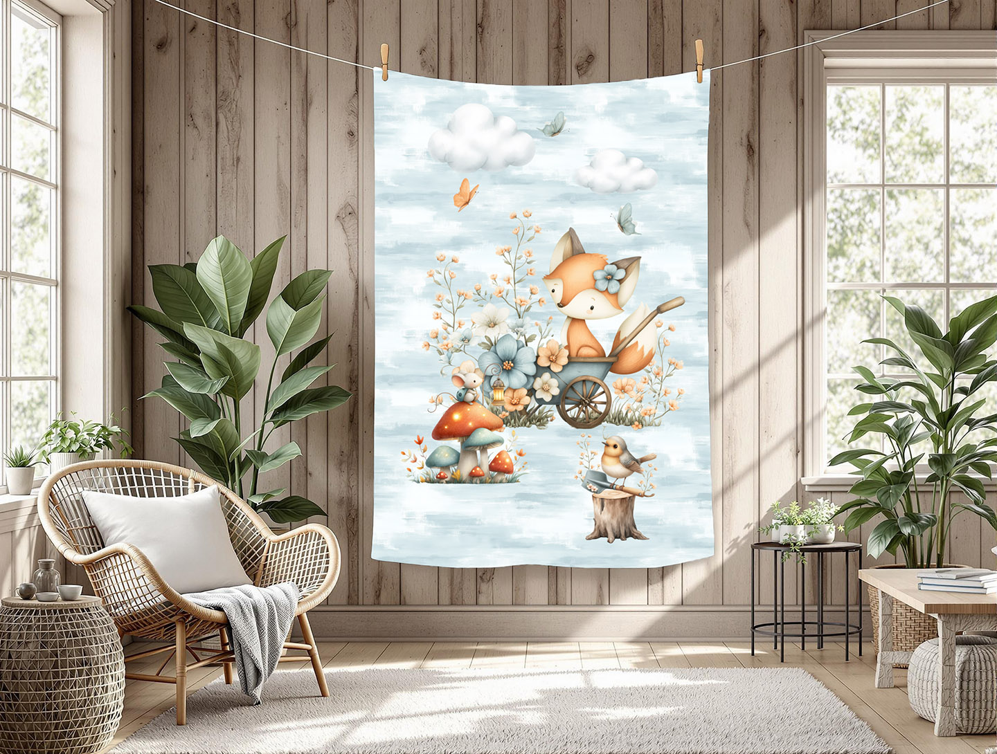 Renard floral et souris fond blanc bleu