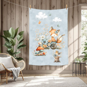 Renard floral et souris fond bleu