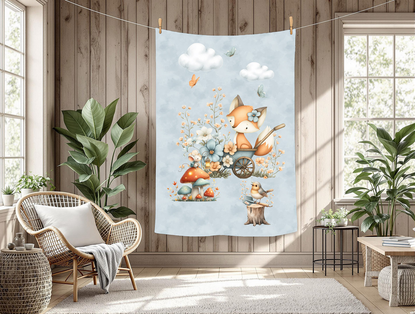 Renard floral et souris fond bleu