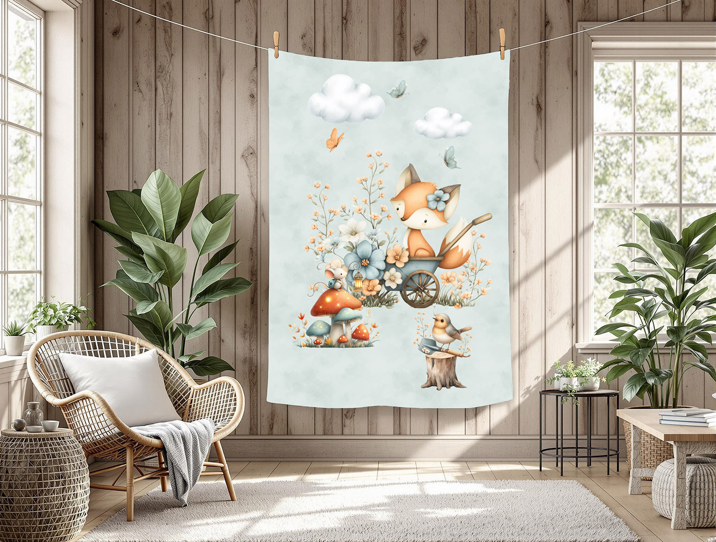 Renard floral et souris fond menthe