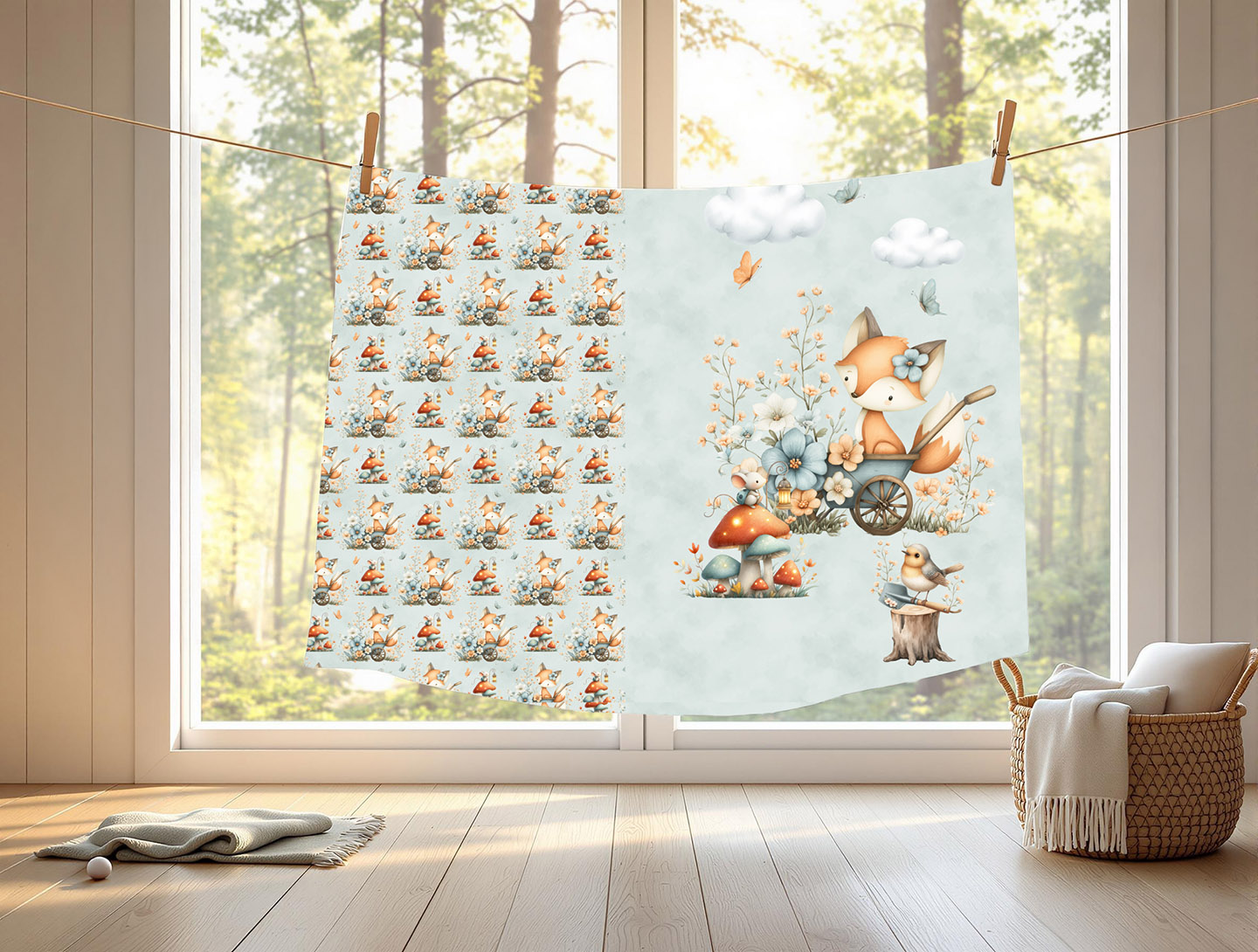 Renard floral et souris fond menthe