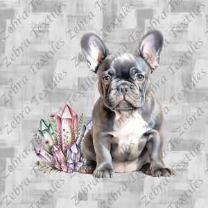 Bouledogue français assit et cristaux fond gris