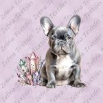 Bouledogue français assit et cristaux fond mauve