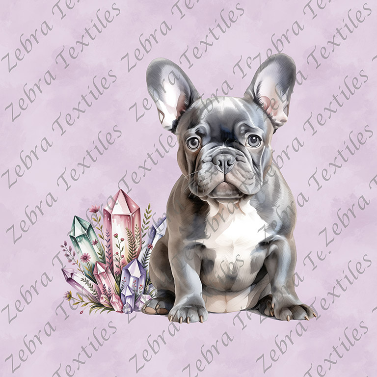 Bouledogue français assit et cristaux fond mauve