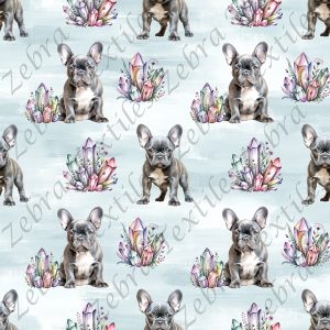 Bouledogue français et cristaux fond bleu