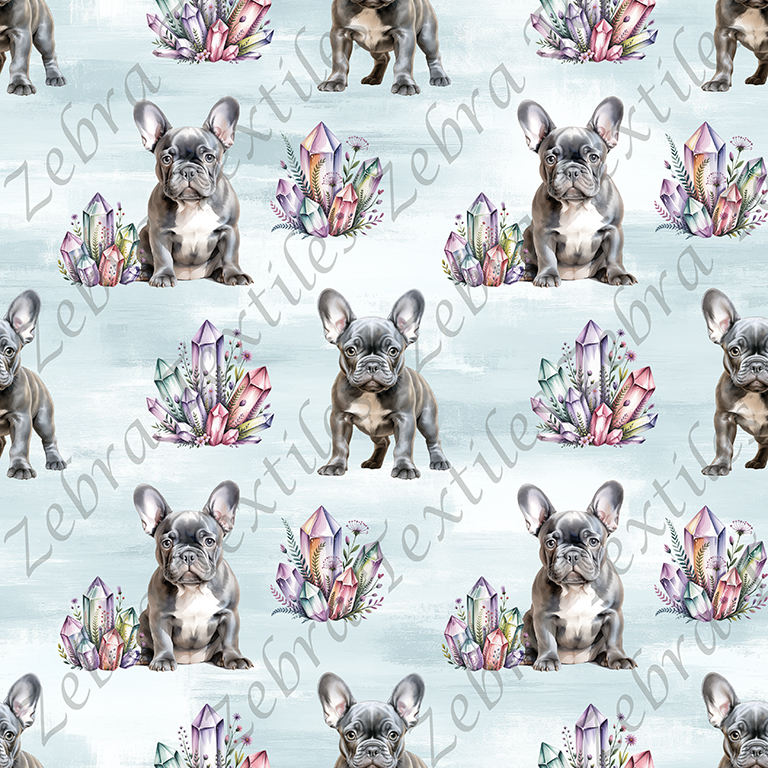 Bouledogue français et cristaux fond bleu