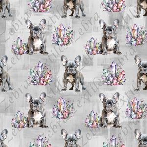Bouledogue français et cristaux fond gris