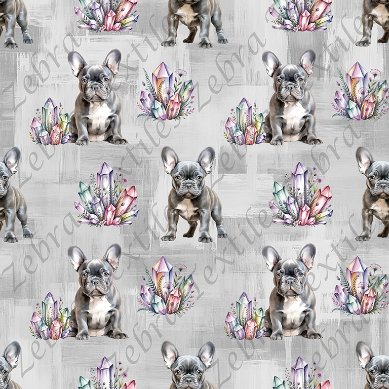 Bouledogue français et cristaux fond gris