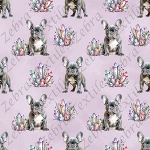 Bouledogue français et cristaux fond mauve