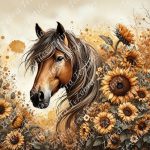 Cheval brun fleur de tournesol