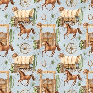 Cheval charrette et porte fond bleu