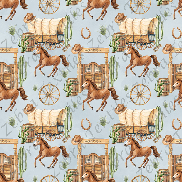 Cheval charrette et porte fond bleu