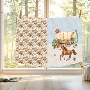 Cheval et charrette western fond bleu