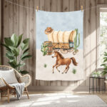 Cheval et charrette western fond bleu