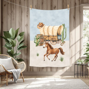 Cheval et charrette western fond bleu