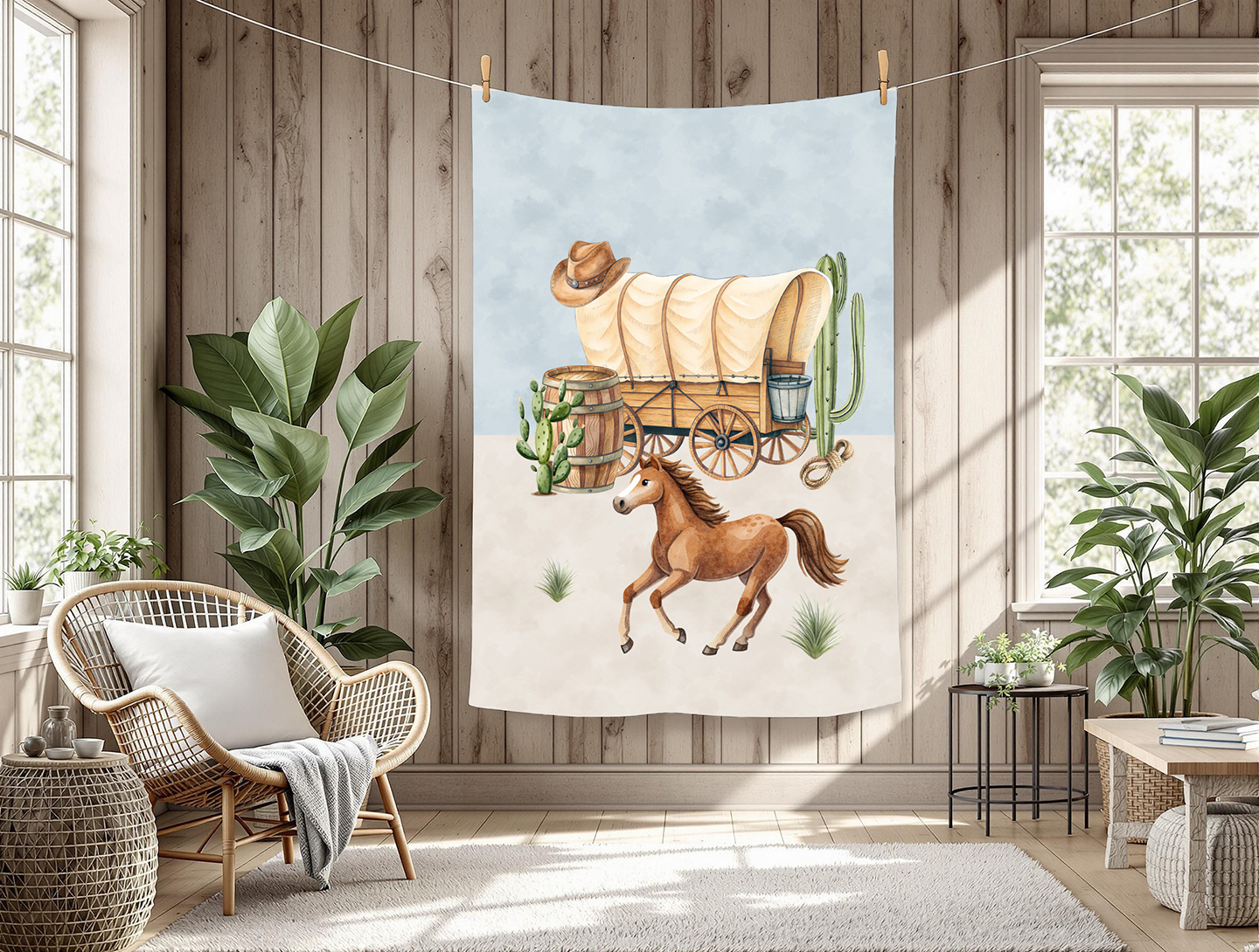 Cheval et charrette western fond bleu