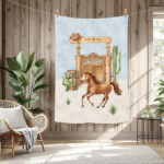 Cheval et porte western fond bleu