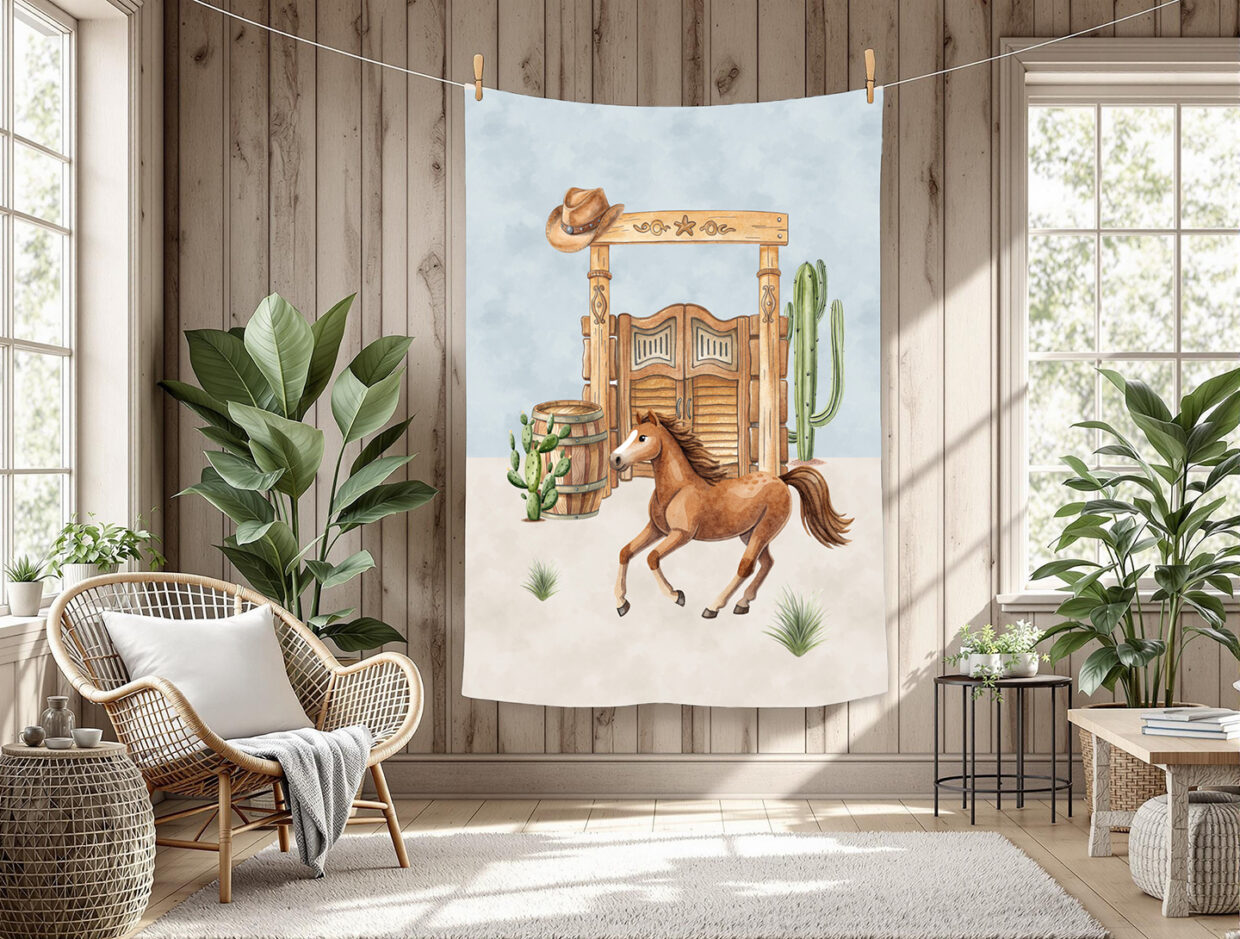 Cheval et porte western fond bleu