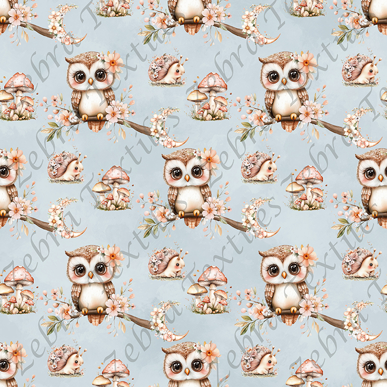Hibou et lune floral fond bleu