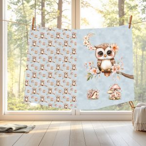Hibou et lune floral fond bleu