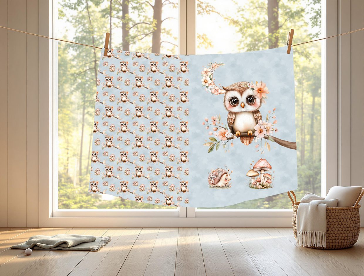 Hibou et lune floral fond bleu