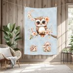 Hibou et lune floral fond bleu