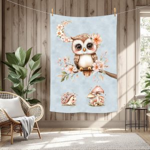 Hibou et lune floral fond bleu