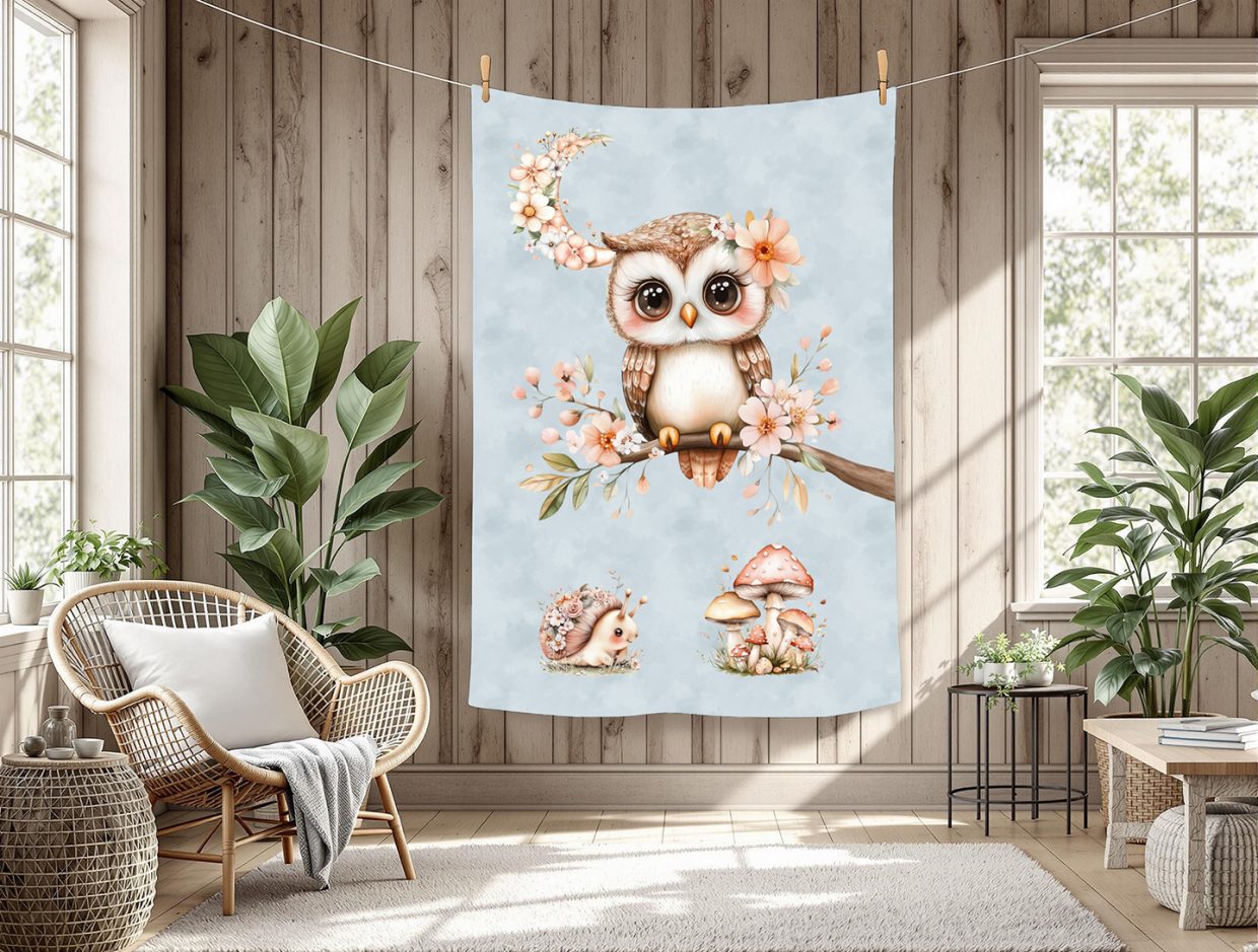 Hibou et lune floral fond bleu