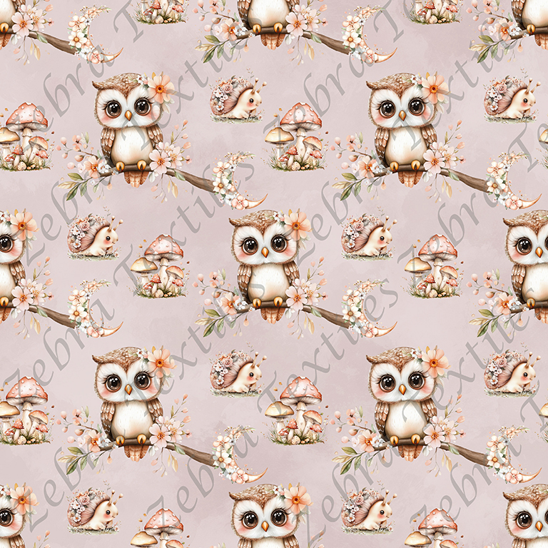 Hibou et lune floral fond rose