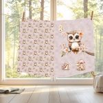 Hibou et lune floral fond rose