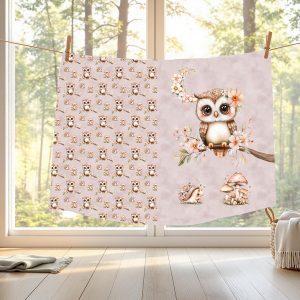 Hibou et lune floral fond rose