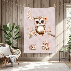 Hibou et lune floral fond rose