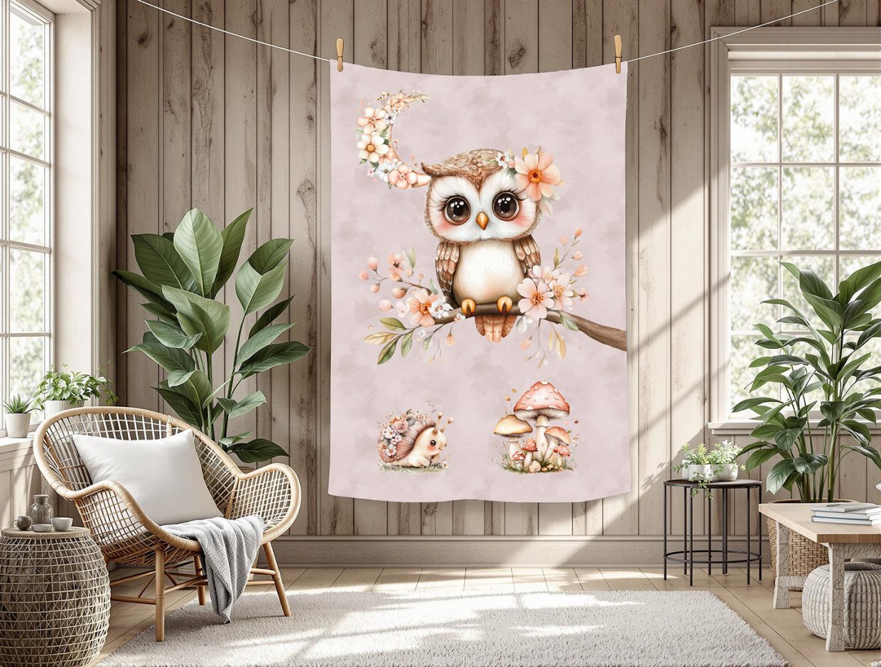 Hibou et lune floral fond rose